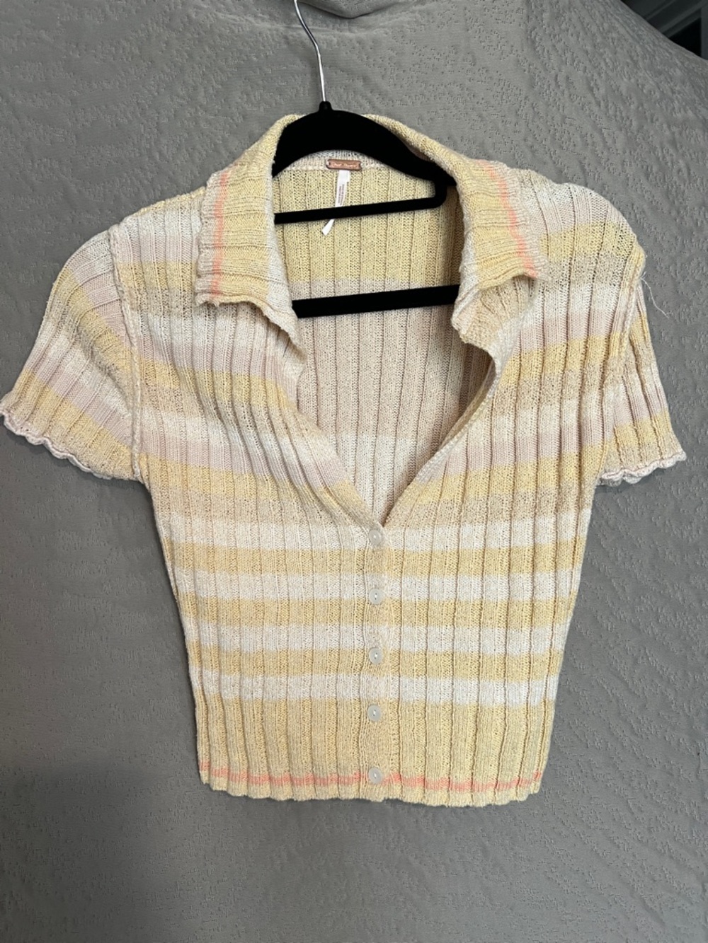 Free People Striped Knit Button-Front Polo Top in Pastel Yellow & White Size XS